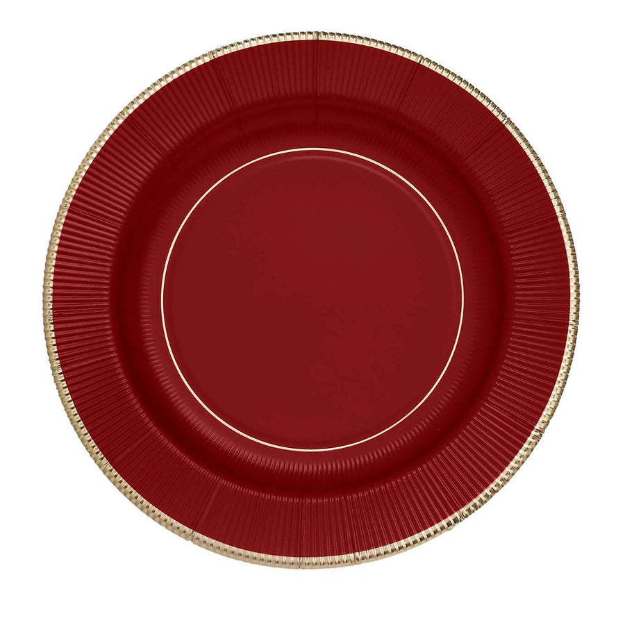 25 Pack | 10inch Burgundy Sunray Gold Rimmed Serving Dinner Paper Plates, Disposable Party Plates#whtbkgd