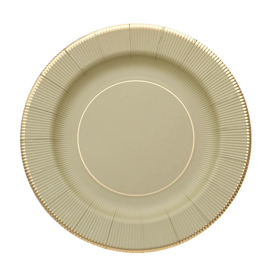 25 Pack | 10inch Khaki Gold Rim Sunray Disposable Dinner Plates#whtbkgd