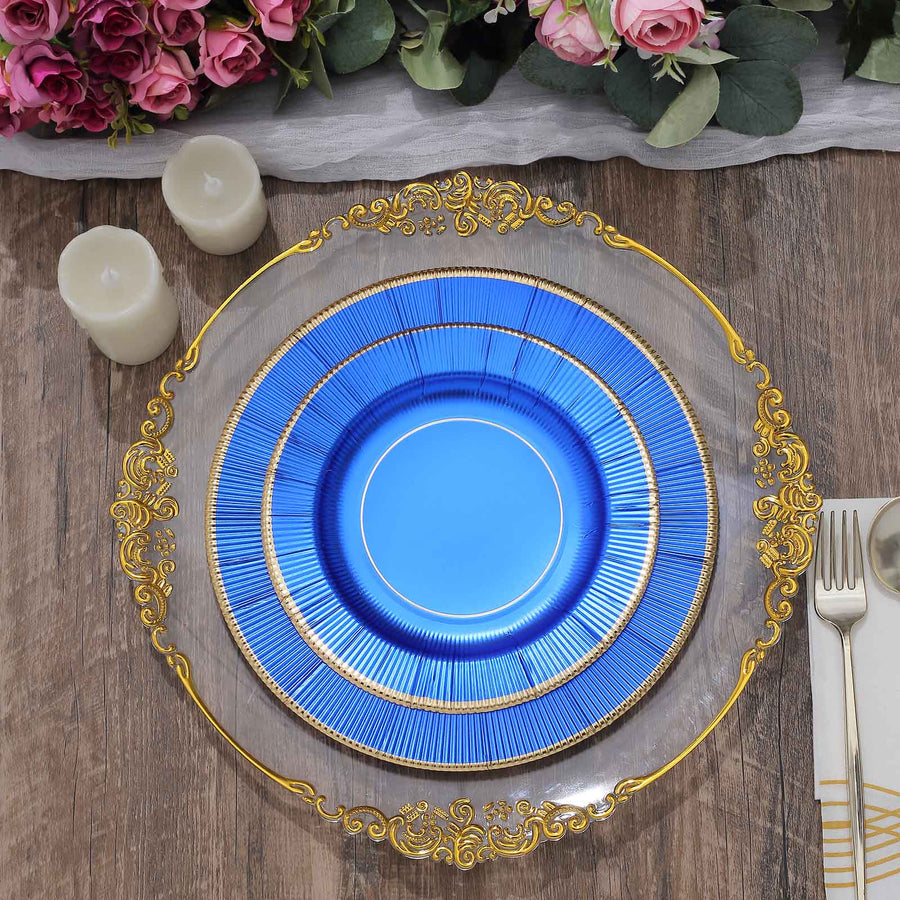 25 Pack | 10inch Royal Blue Sunray Gold Rimmed Serving Dinner Paper Plates, Disposable Party Plates
