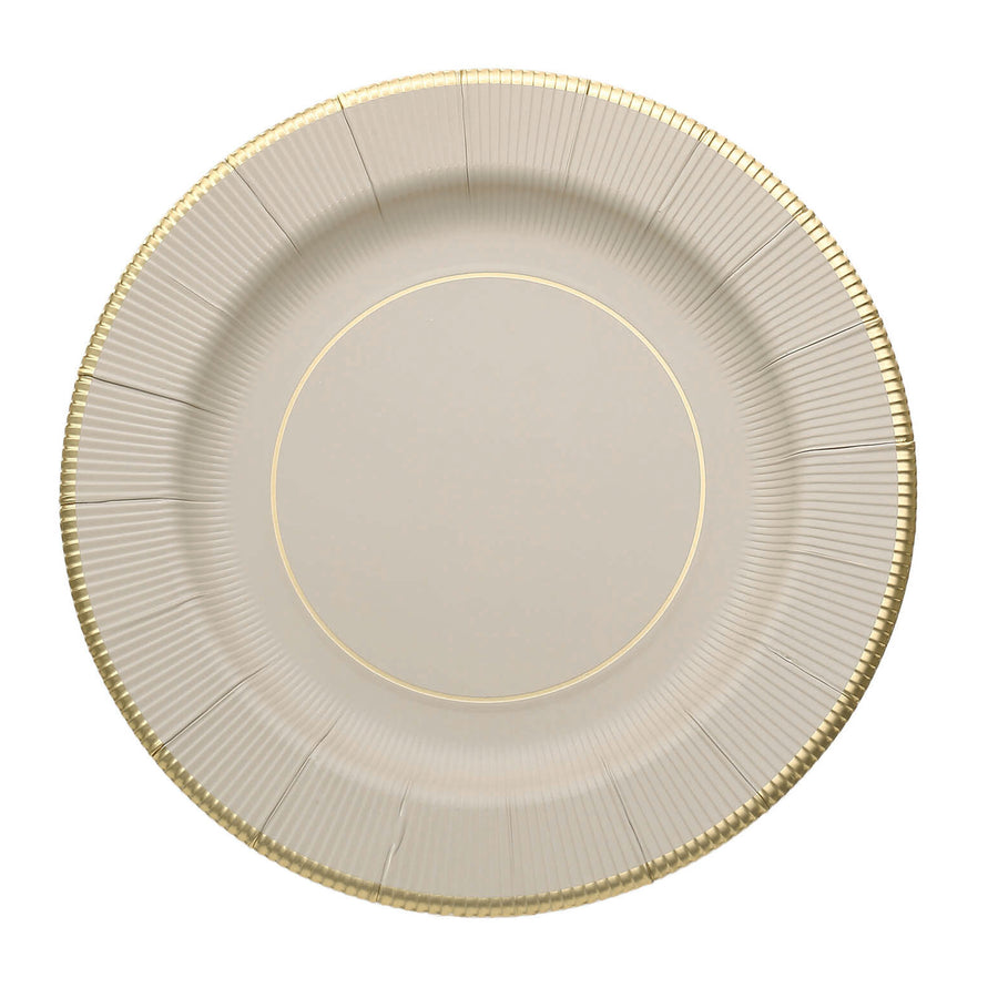 25 Pack | 10inch Taupe Gold Rim Sunray Disposable Dinner Plates#whtbkgd