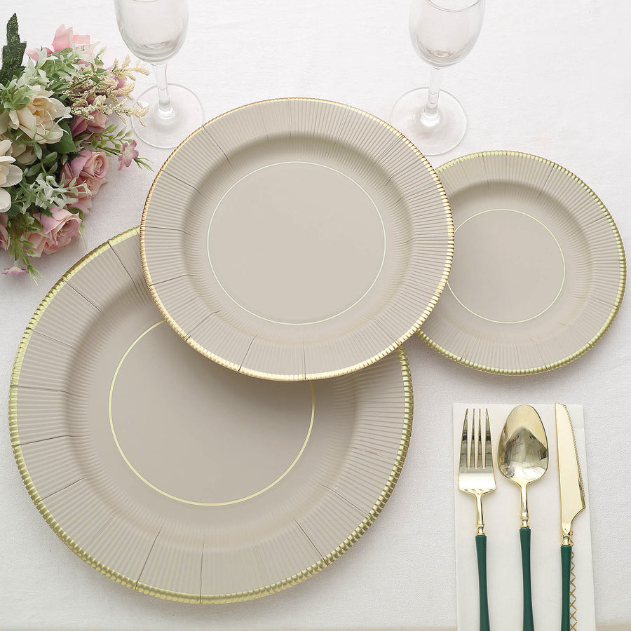 25 Pack | 10inch Taupe Gold Rim Sunray Disposable Dinner Plates