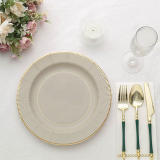 Elegant Taupe Gold Rim Sunray Disposable Dinner Plates