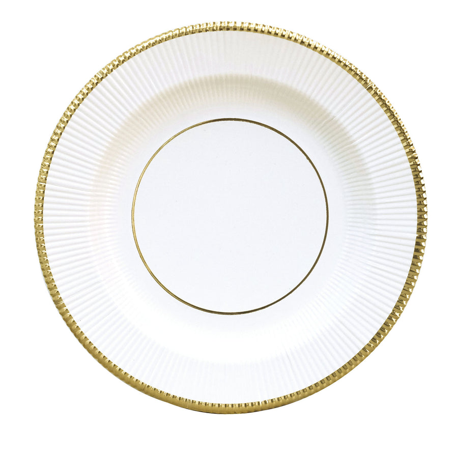 25 Pack | White Sunray Gold Rimmed 10inch Serving Dinner Paper Plates#whtbkgd