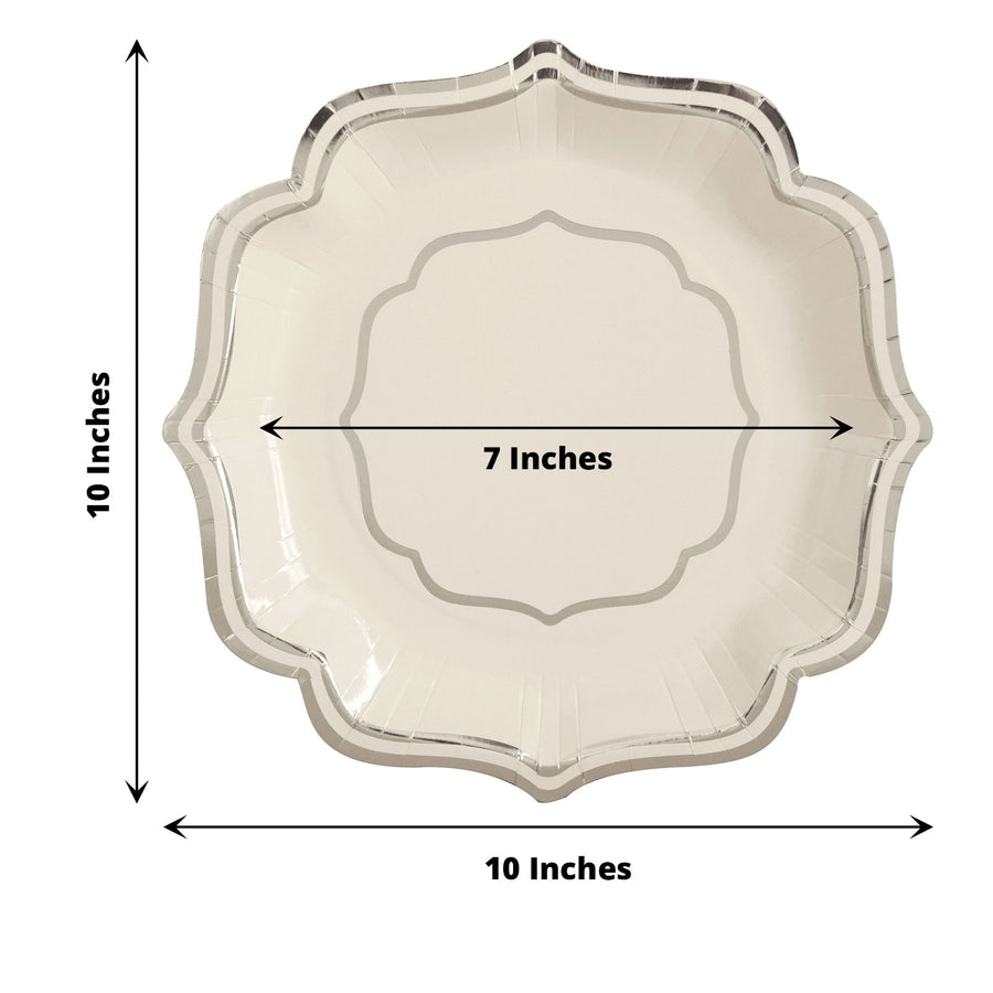 25 Pack | White/Silver 10" Scallop Rim Dinner Party Paper Plates, Disposable Plates - 300 GSM