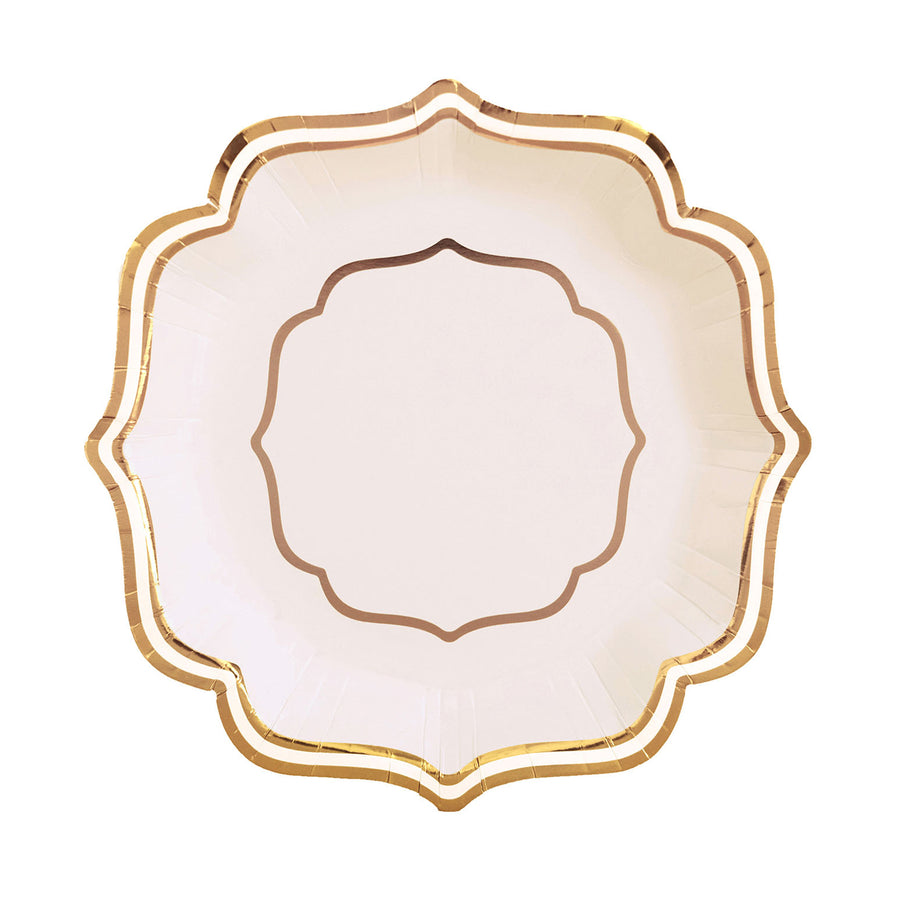 25 Pack | White/Gold 8" Scallop Rim Dessert Party Paper Plates, Disposable Appetizer Salad Plates - 300 GSM#whtbkgd