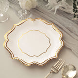 25 Pack | White/Gold 8" Scallop Rim Dessert Party Paper Plates, Disposable Appetizer Salad Plates - 300 GSM