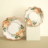 25 Pack | 10inch White / Rose Gold Floral Scallop Rim Dinner Paper Plates, Disposable Party Plates