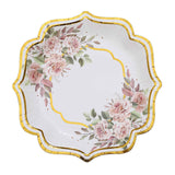 25 Pack | 10inch White / Gold Floral Scallop Rim Dinner Paper Plates, Party Plates#whtbkgd