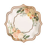 25 Pack | 8inch White / Rose Gold Floral Scallop Rim Salad Party Paper Plates, Dessert#whtbkgd