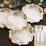 25 Pack | 8inch White / Rose Gold Floral Scallop Rim Salad Party Paper Plates, Dessert Plates