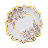 25 Pack | 8inch White/Gold Floral Scallop Rim Salad Party Paper Plates, Dessert Plates#whtbkgd