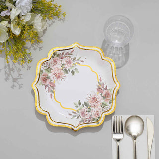 Elevate Your Table Setting with White and Gold Floral Scallop Rim Salad Party Paper Plates