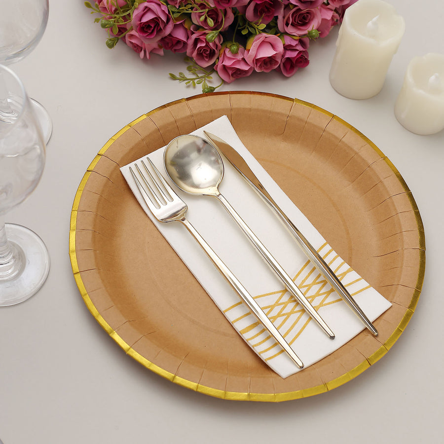 25 Pack | 10 Round Natural Brown Paper Dinner Plates With Gold Lined Rim, Disposable Party Plates