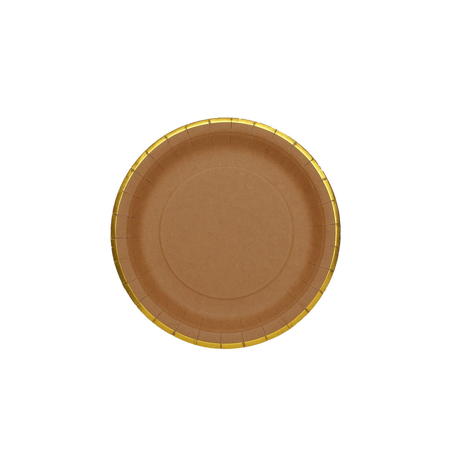 25 Pack | 8 Round Natural Brown Paper Salad Plates With Gold Lined Rim, Disposable Dessert#whtbkgd