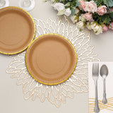 25 Pack | 8 Round Natural Brown Paper Salad Plates With Gold Lined Rim, Disposable Dessert Appetize
