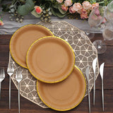 25 Pack | 8 Round Natural Brown Paper Salad Plates With Gold Lined Rim, Disposable Dessert Appetize