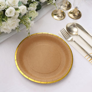 25 Pack | 8" Round Natural Brown Paper Salad Plates With Gold Lined Rim