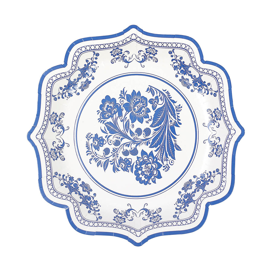 25 Pack White Blue 8inch Disposable Dessert Plates With Chinoiserie Florals and Scalloped Rims#whtbkgd