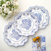 25 Pack White Blue 8inch Disposable Dessert Plates With Chinoiserie Florals and Scalloped Rims