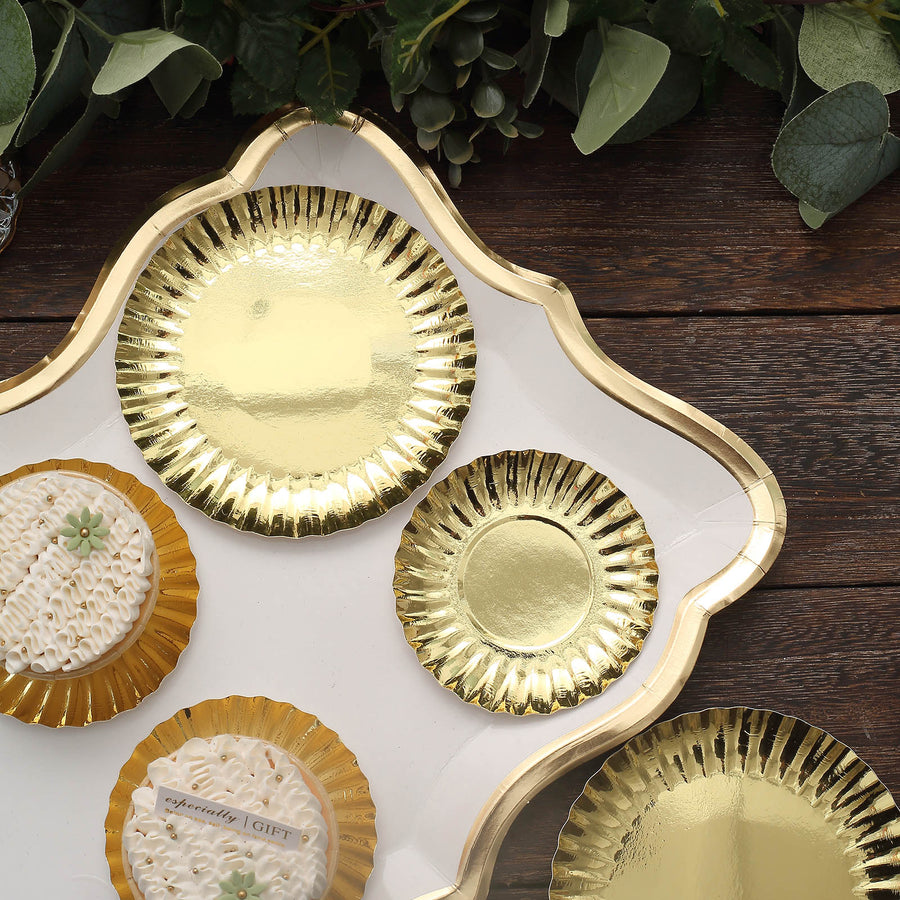 50 Pack | 5inch Metallic Gold Scalloped Rim Mini Paper Dessert Plates, Disposable Round Tapas