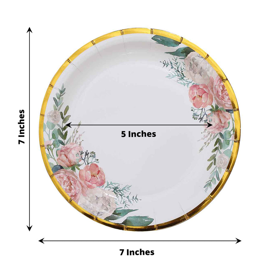 25 Pack | 7inch White Elegant Floral Design Gold Rim Paper Salad Plates