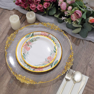White Elegant Floral Design Gold Rim Paper Salad Plates for Bulk Orders