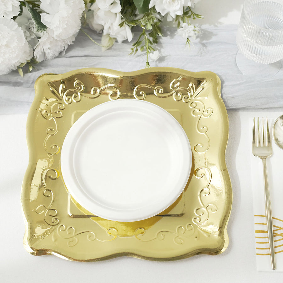 Vintage Dinner Paper Plates, Shiny Metallic Pottery Embossed Party Plates With Scroll Design Edge