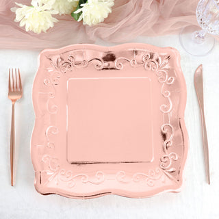 Blush Rose Gold 11" Square Vintage Dinner Serving Paper Plates