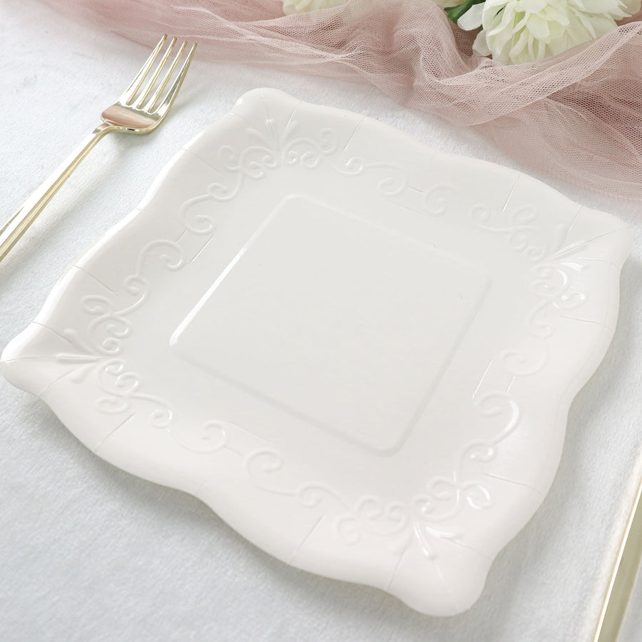 Vintage Dinner Paper Plates, Shiny Metallic Pottery Embossed Party Plates With Scroll Design Edge