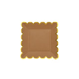 25 Pack | 7 Square Natural Brown Paper Salad Plates With Gold Scalloped Rim, Party Plates#whtbkgd