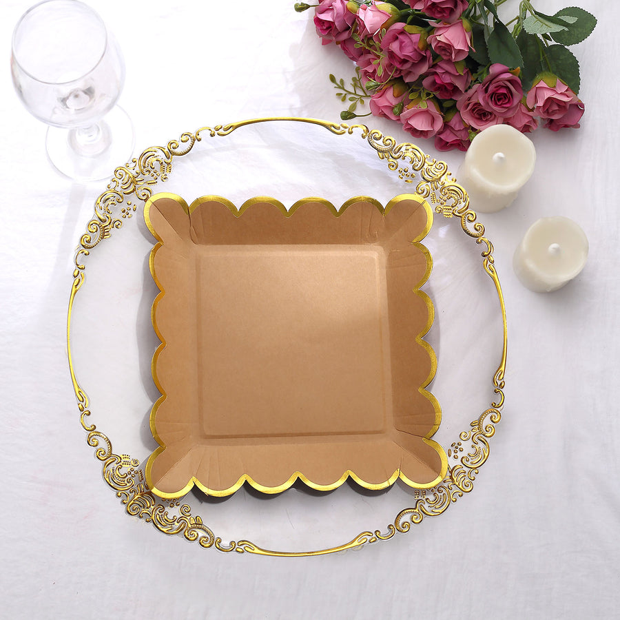 25 Pack | 9 Square Natural Brown Paper Dinner Plates With Gold Scalloped Rim, Party Plates