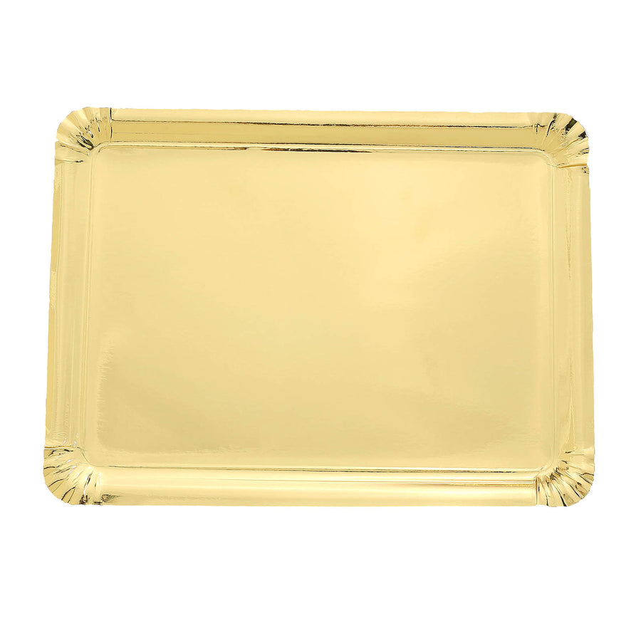 10 Pack | Metallic Gold 15inch Paper Cardboard Serving Trays, Rectangle Party Platters Scalloped Rim