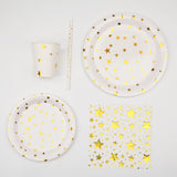 120 Pcs White/Gold Stars Disposable Party Supplies Kit, Paper Plates Cups Napkins Tableware#whtbkgd