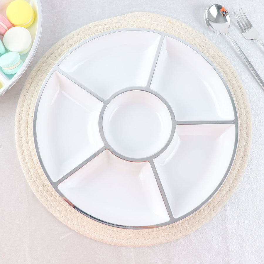 4 Pack | 12" White Plastic Serving Trays, Disposable Food Trays 6-Compartment With Silver Rim#whtbkgd