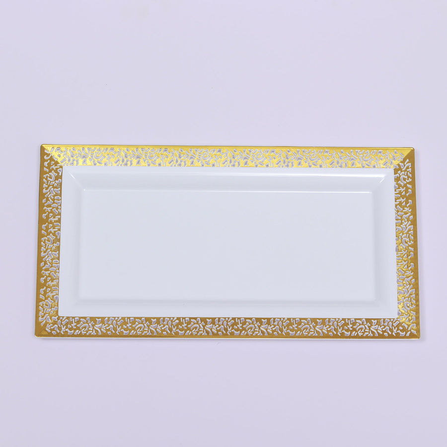 4 Pack | Gold and White 14inch Lace Print Rectangular Plastic Serving Trays