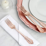 24 Pack | Metallic Rose Gold 8inch Baroque Style Heavy Duty Plastic Forks