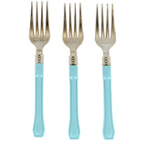 24 Pack | Gold 7inch Heavy Duty Plastic Forks with Blue Handle, Plastic Silverware#whtbkgd