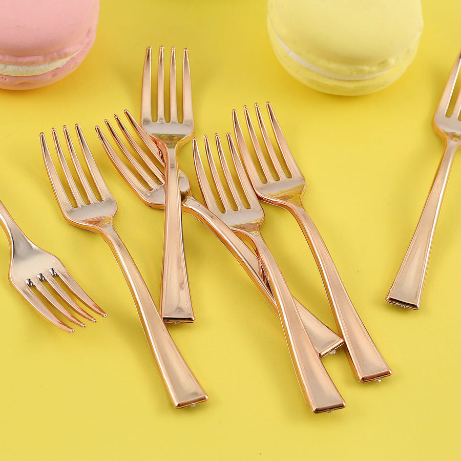 24 Pack | Rose Gold Mini 4inch Heavy Duty Plastic Dessert Forks, Appetizer Forks