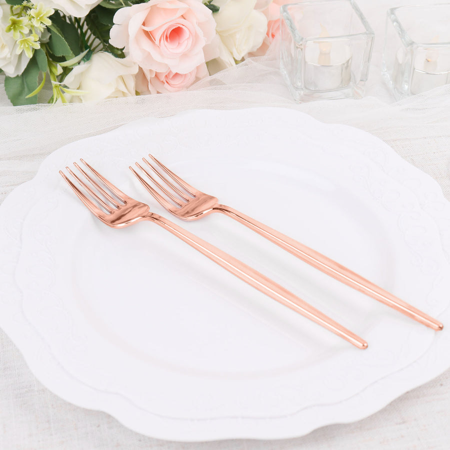 Glossy Blush/Rose Gold Heavy Duty Plastic Silverware Forks, Premium Disposable Flatware Cutlery