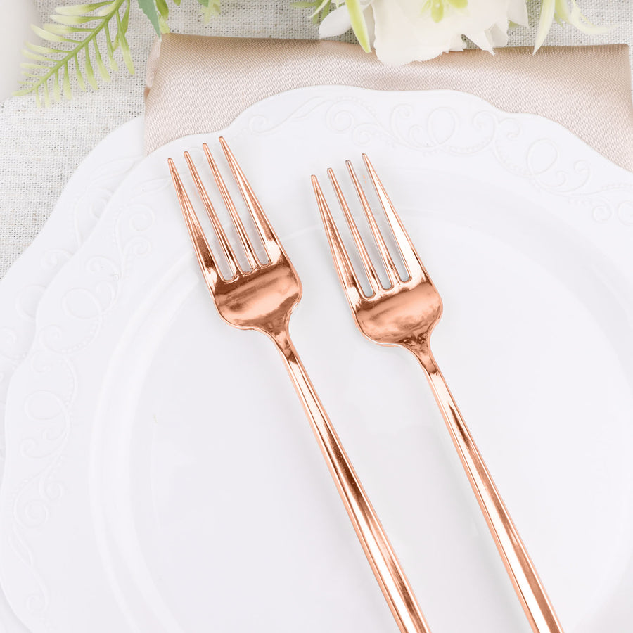 Glossy Blush/Rose Gold Heavy Duty Plastic Silverware Forks, Premium Disposable Flatware Cutlery