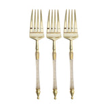24 Pack | 6inch Gold / Clear Glittered Plastic Dessert Forks With Roman Column Handle#whtbkgd