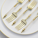 24 Pack | 6inch Gold / Clear Glittered Plastic Dessert Forks With Roman Column Handle