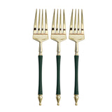 24 Pack | 6inch Gold / Hunter Emerald Green Plastic Dessert Forks With Roman Column Handle#whtbkgd