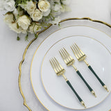 24 Pack | 6inch Gold / Hunter Emerald Green Plastic Dessert Forks With Roman Column Handle