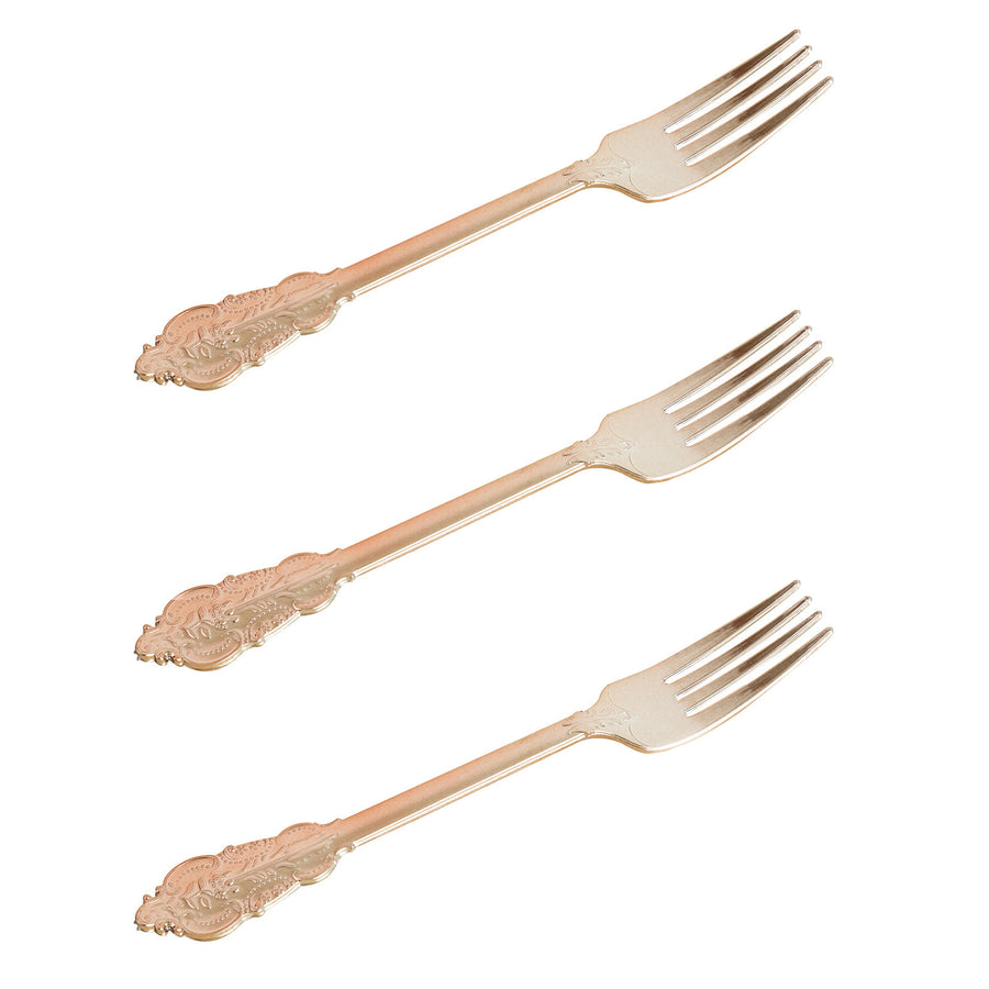 24 Pack | Metallic Rose Gold 8inch Baroque Style Heavy Duty Plastic Forks#whtbkgd