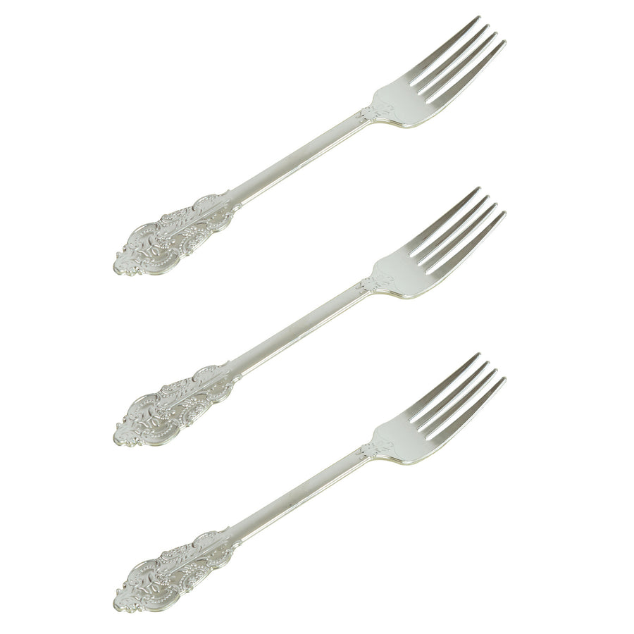24 Pack | Metallic Silver 8inch Baroque Style Heavy Duty Plastic Forks#whtbkgd