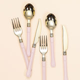 24 Pack | Gold 7inches Heavy Duty Plastic Spoons with Blush Handle, Disposable Silverware