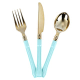 24 Pack | Gold 7inches Heavy Duty Plastic Spoons with Blue Handle, Disposable Silverware