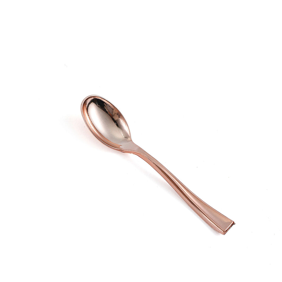 24 Pack | Rose Gold 4inch Heavy Duty Plastic Mini Dessert Spoons, Disposable Silverware