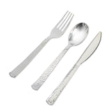 24 Pack | 7inch Hammered Design Silver Heavy Duty Plastic Silverware Set#whtbkgd